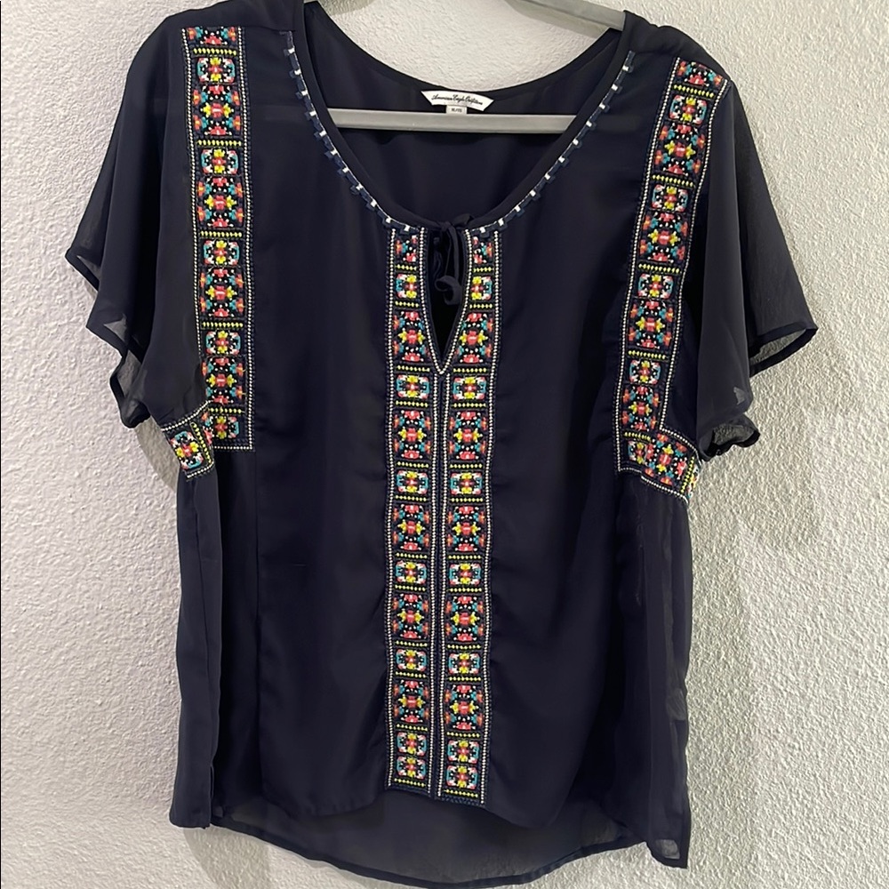 Embroidered Navy Top